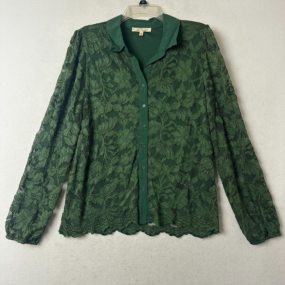 Les Serein Green Floral Lace Button Front Blouse Long Sleeve Top Large